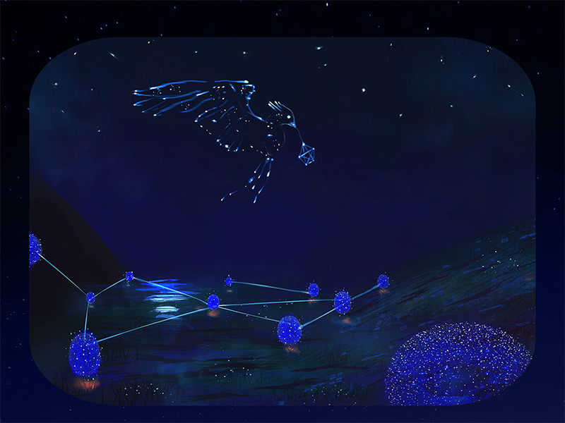 Illustration with constellation of stars forming a Phoenix, and glittering "eggs"-servers interconnected